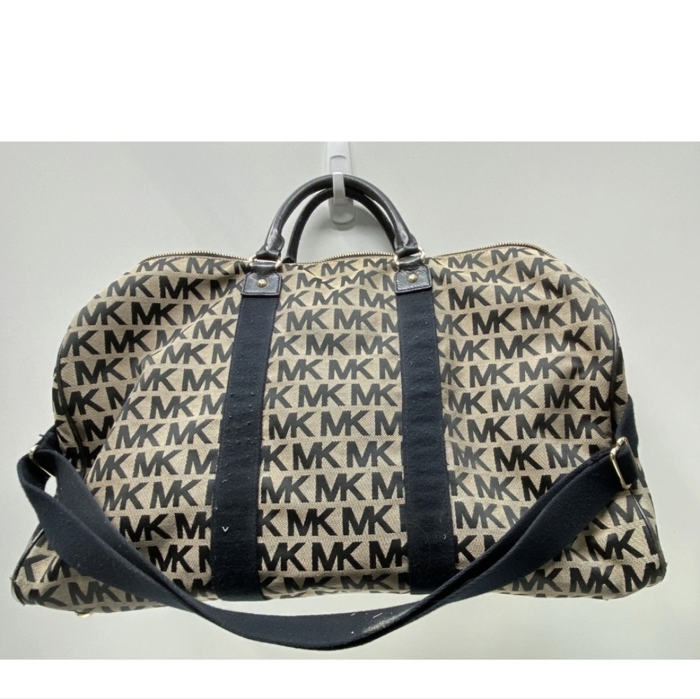 Michael Kors Jet Set Large MK Logo Weekender Duffel Bag Brown Black Canvas